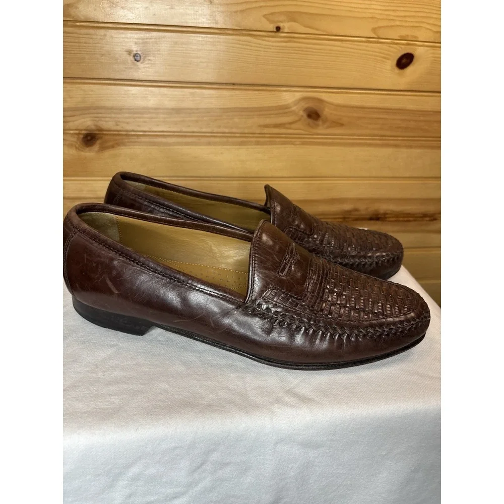 Johnston & Murphy Men's Penny Loafer 8.5 Woven Brown Moc Toe Dress‎ Shoe Leather